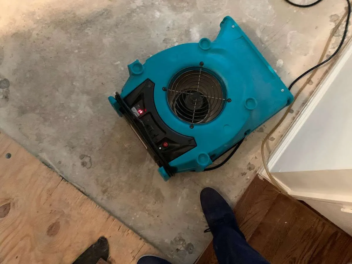 Air mover drying subfloor during Leak Detection & Repair in Cody